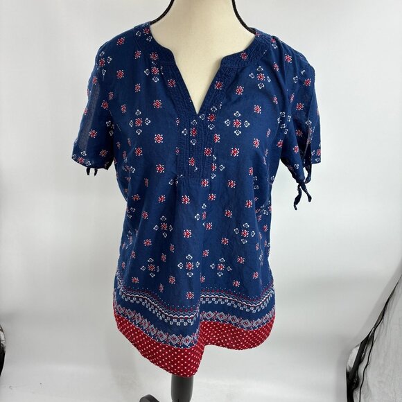 Talbots Boho Print Tunic Top Women’s Size M Blue Red Short Sleeve Split Sleeve - Picture 1 of 6